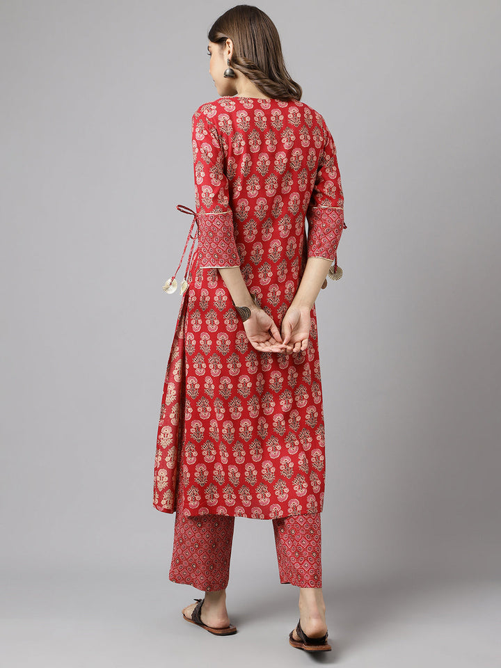 Red-Cotton-Floral-A-Line-Kurta-Pant