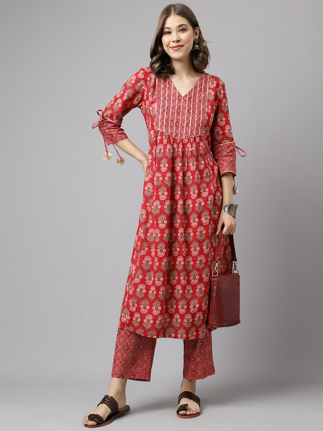 Red-Cotton-Floral-A-Line-Kurta-Pant