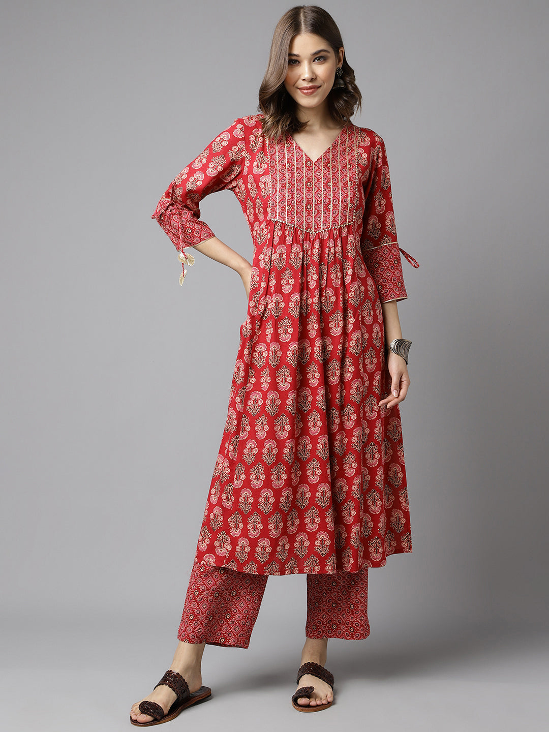 Red-Cotton-Floral-A-Line-Kurta-Pant