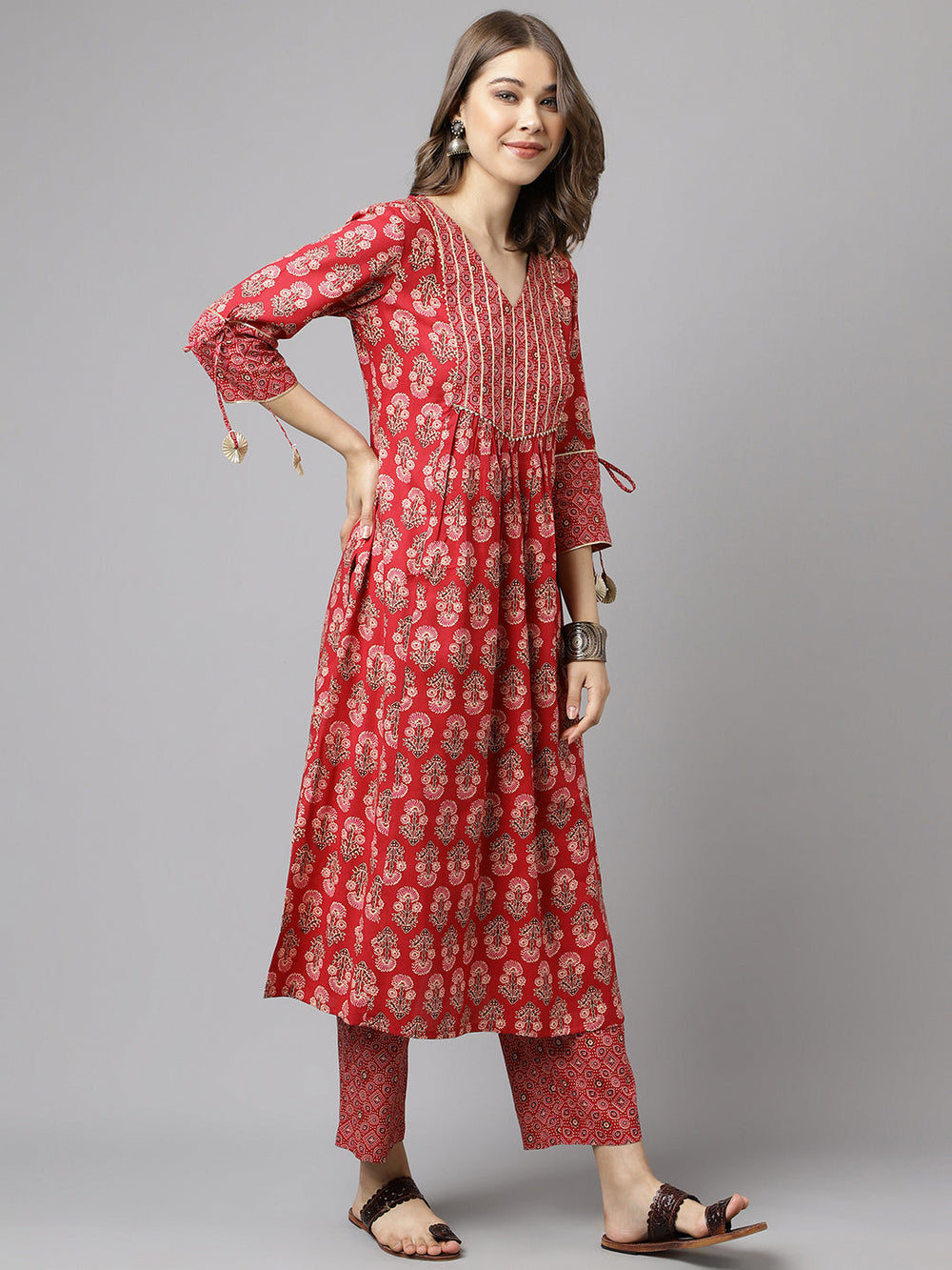 Red-Cotton-Floral-A-Line-Kurta-Pant