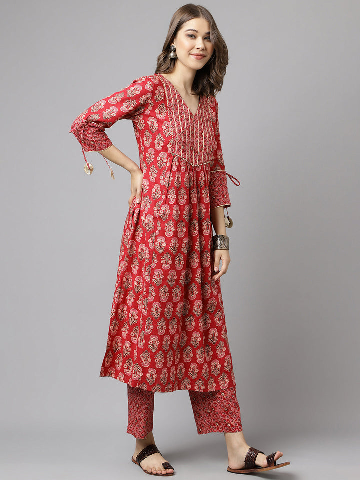Red-Cotton-Floral-A-Line-Kurta-Pant
