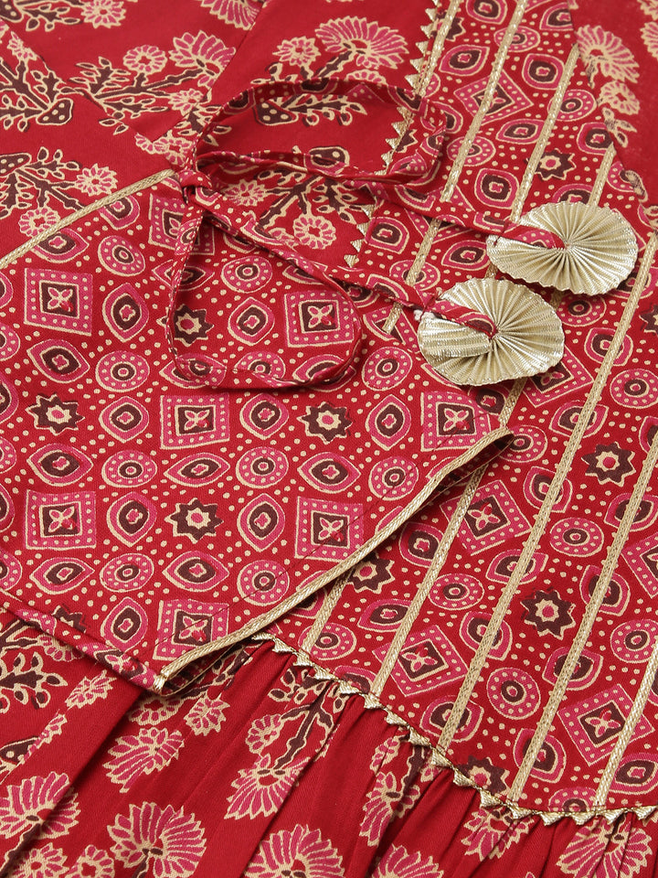 Red-Cotton-Floral-A-Line-Kurta-Pant