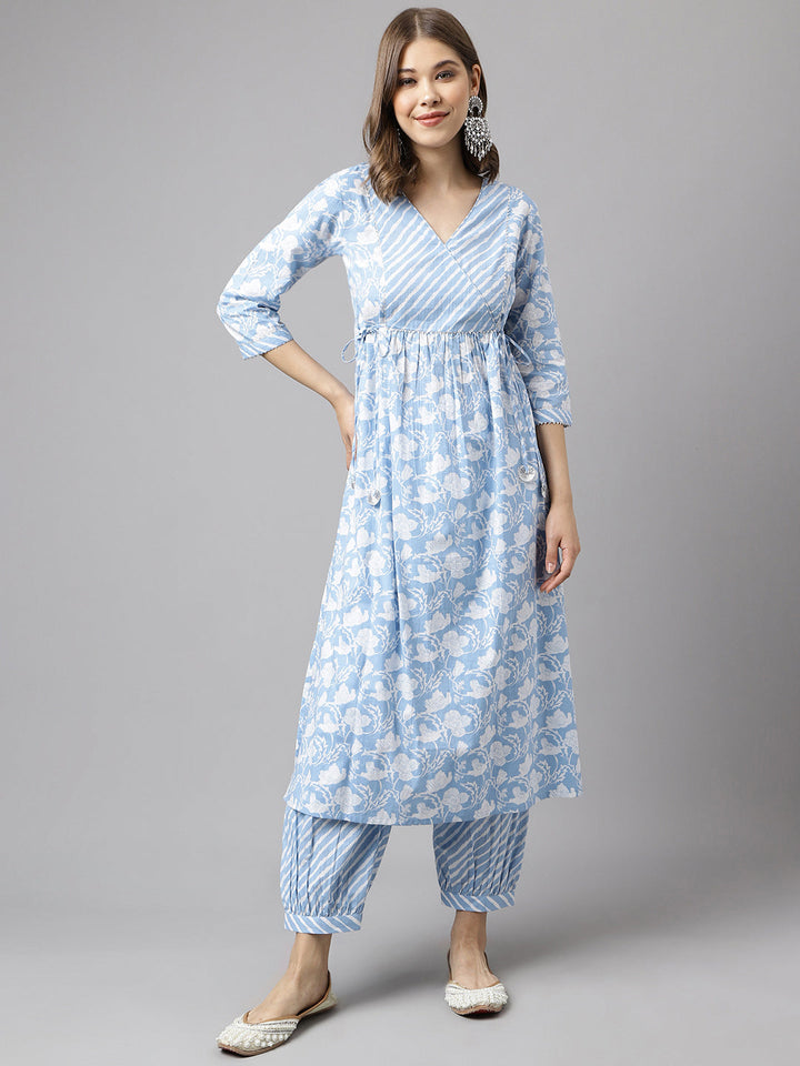 Blue-Pure-Cotton-A-Line-2-Piece-Kurta-Set