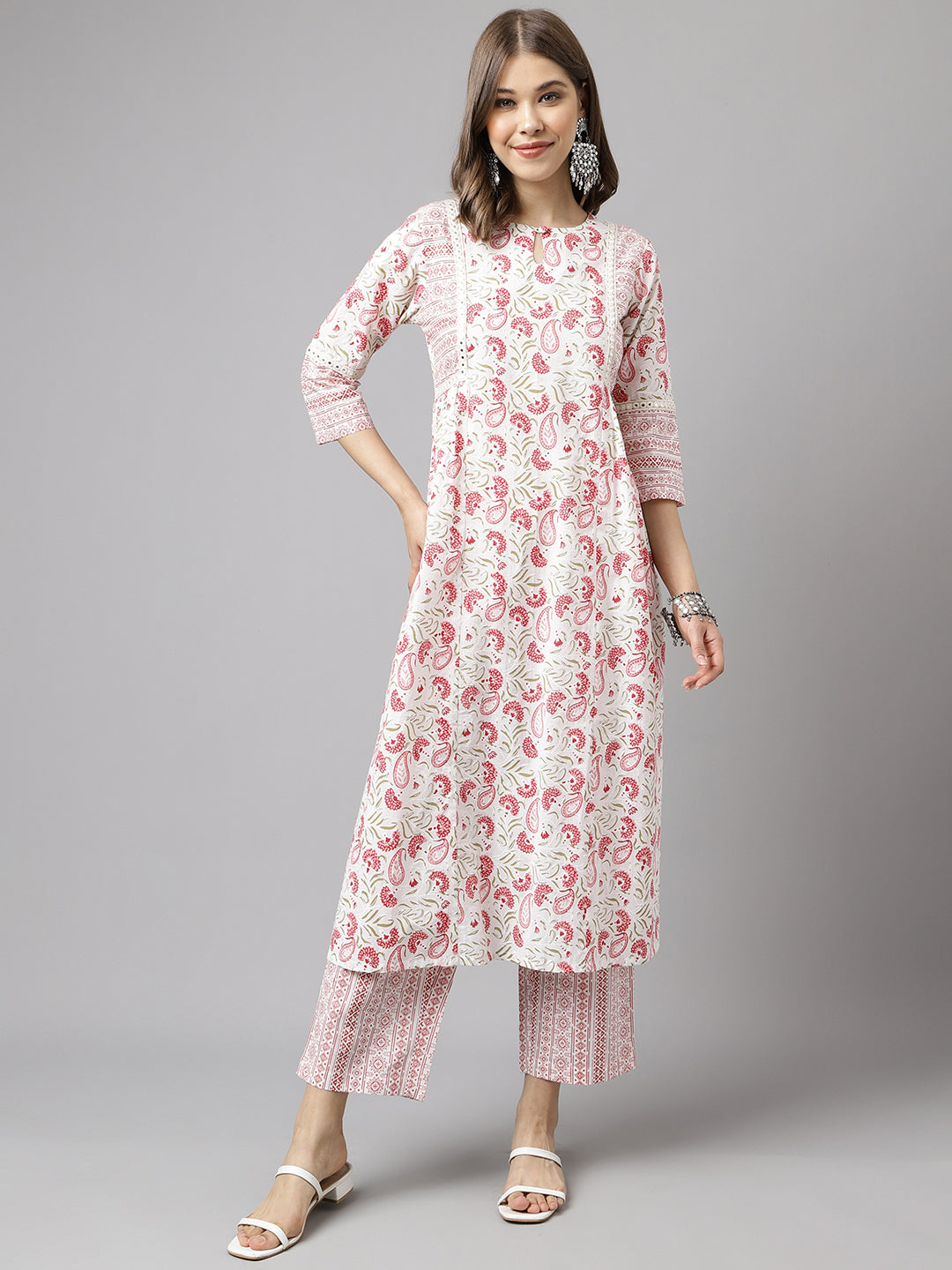 White-&-Red-Cotton-A-Line-2-Piece-Kurta-Set