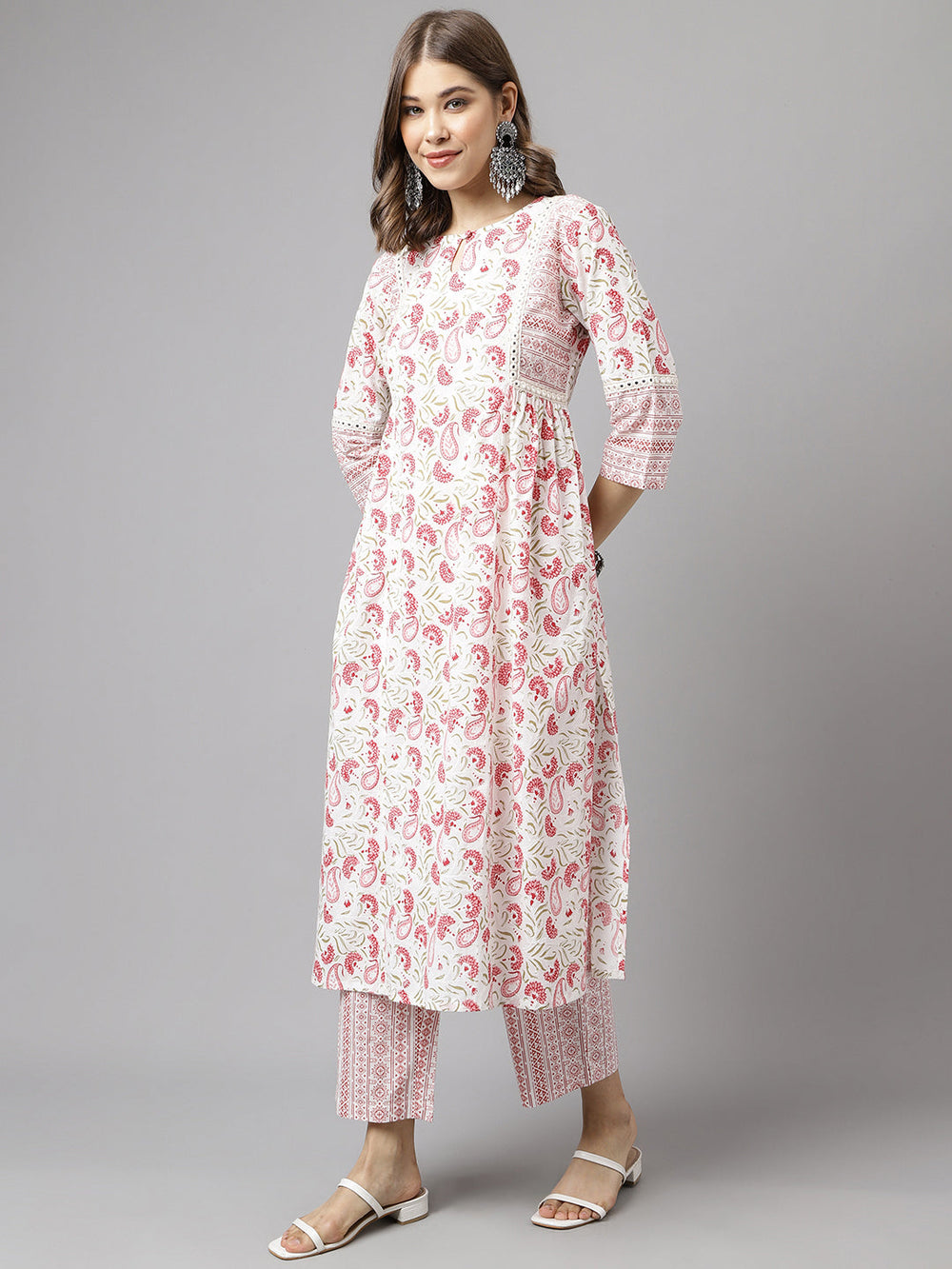 White-&-Red-Cotton-A-Line-2-Piece-Kurta-Set