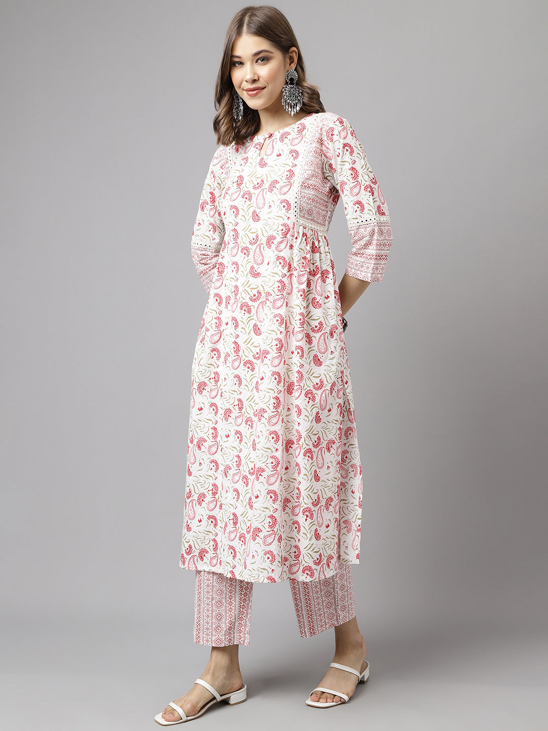 White-&-Red-Cotton-A-Line-2-Piece-Kurta-Set