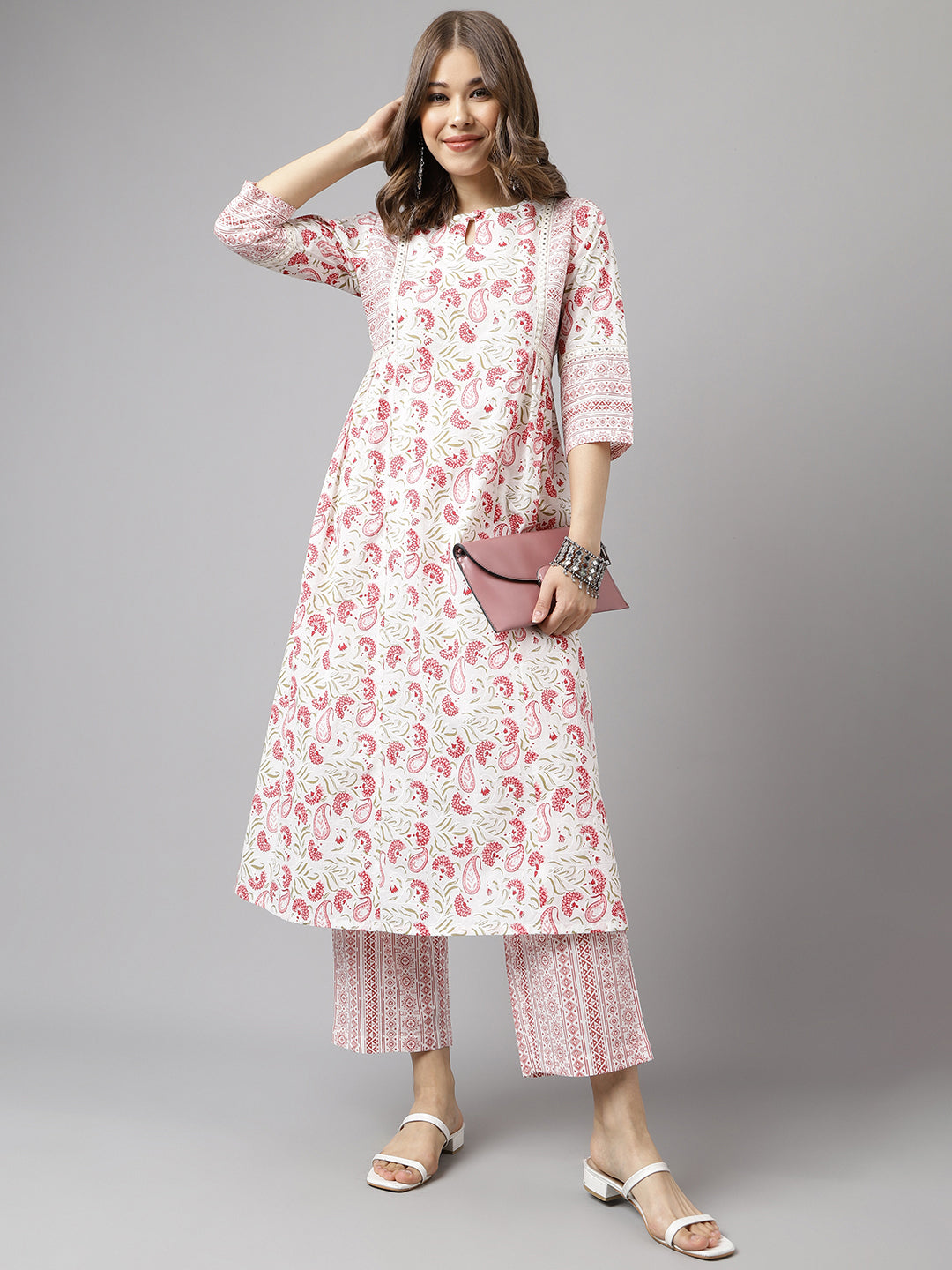 White-&-Red-Cotton-A-Line-2-Piece-Kurta-Set