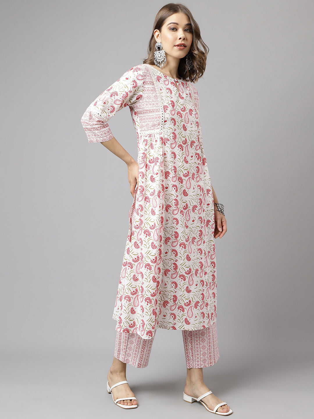 White-&-Red-Cotton-A-Line-2-Piece-Kurta-Set