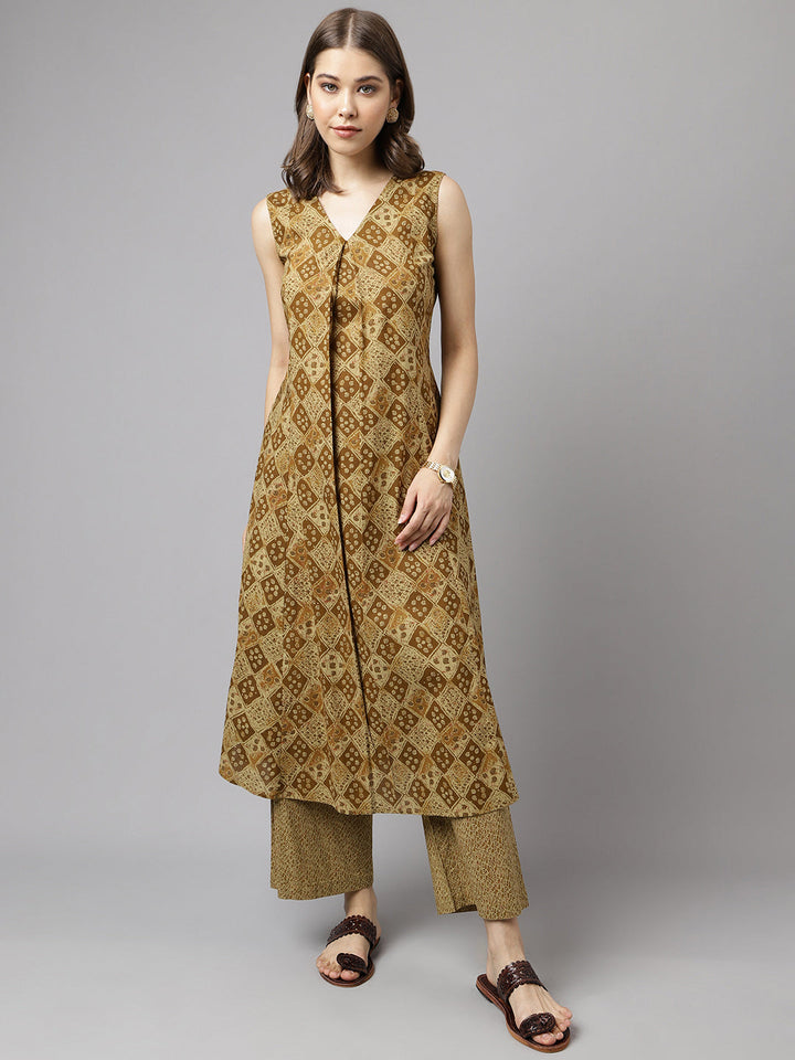 Brown-Cotton-A-Line-2-Piece-Kurta-Set