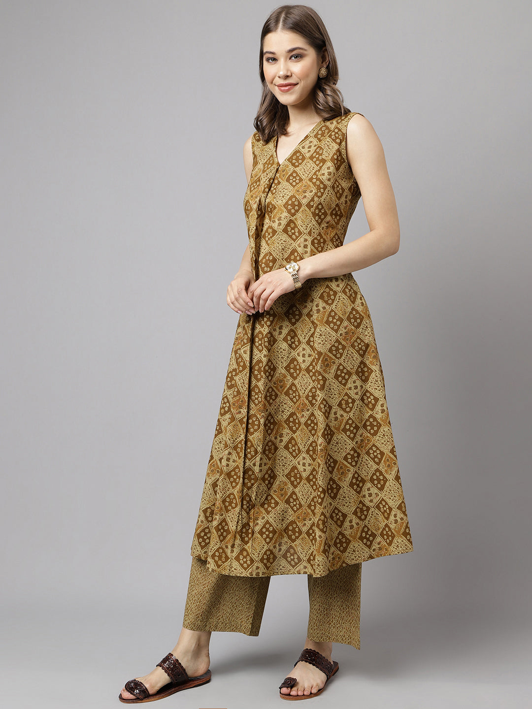 Brown-Cotton-A-Line-2-Piece-Kurta-Set