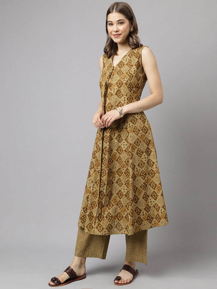 Brown-Cotton-A-Line-2-Piece-Kurta-Set
