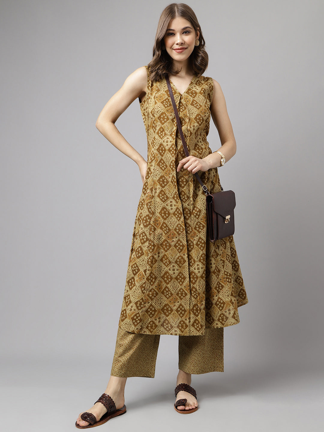 Brown-Cotton-A-Line-2-Piece-Kurta-Set