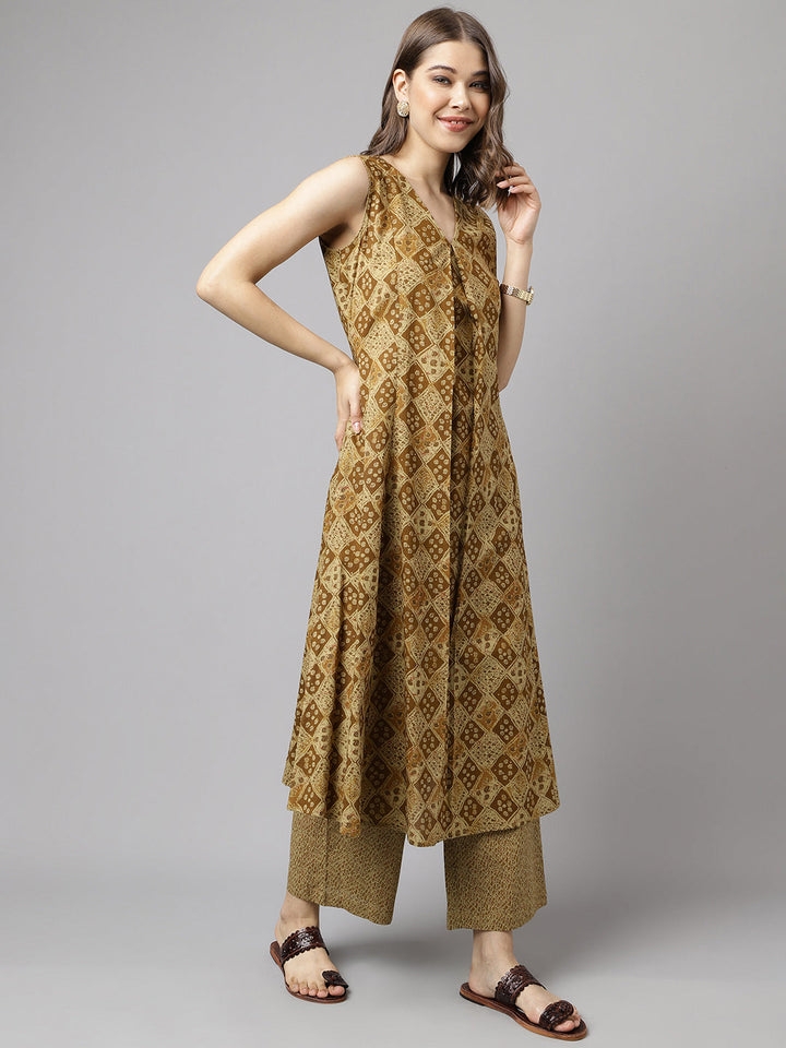 Brown-Cotton-A-Line-2-Piece-Kurta-Set