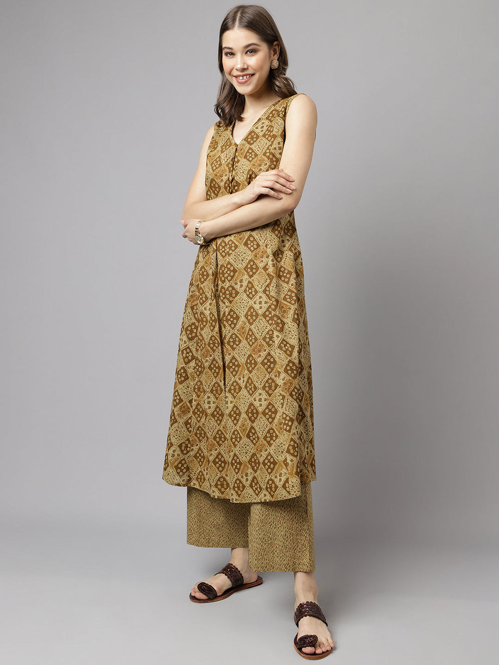 Brown-Cotton-A-Line-2-Piece-Kurta-Set