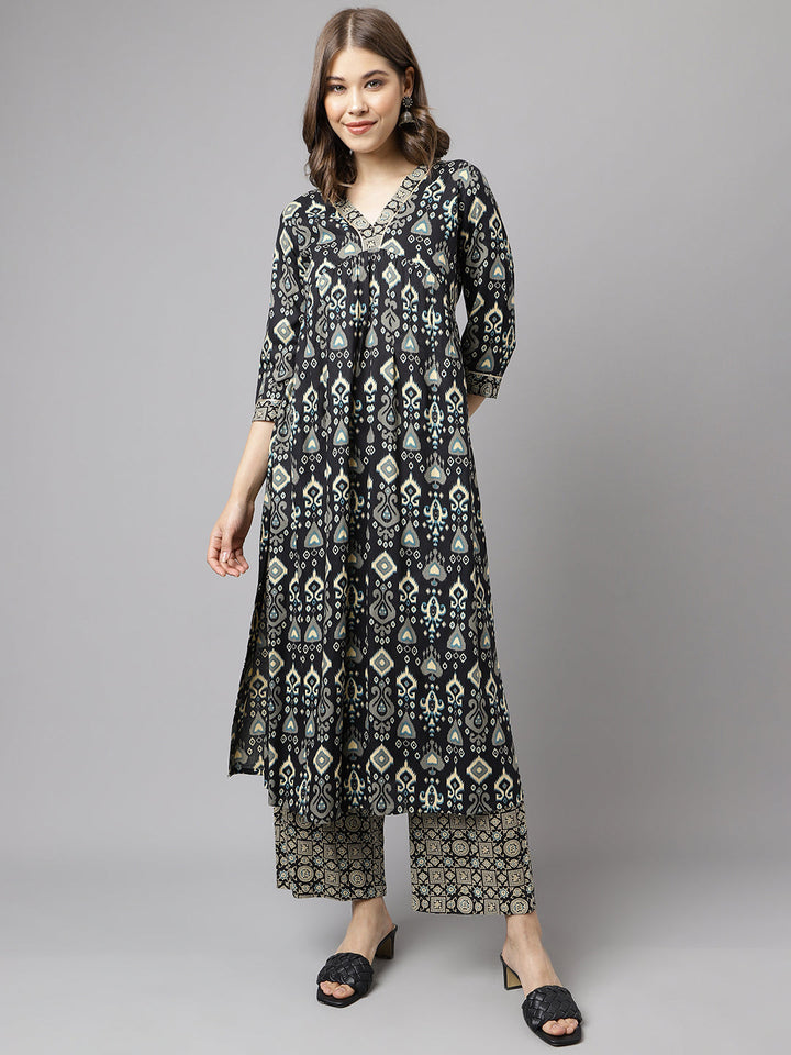 Black-Cotton-A-Line-2-Piece-Kurta-Set