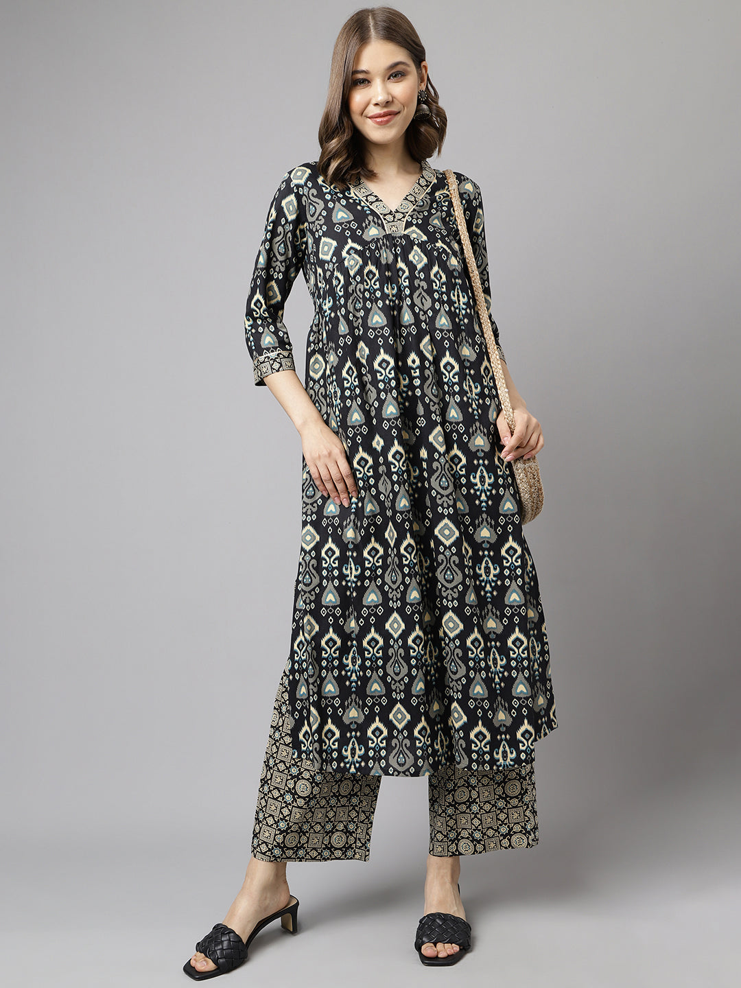 Black-Cotton-A-Line-2-Piece-Kurta-Set