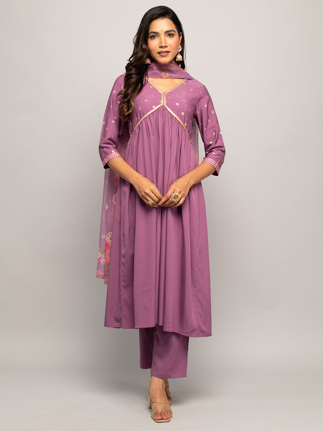 Lavender-Crepe-A-line-3-Piece-Kurta-Set