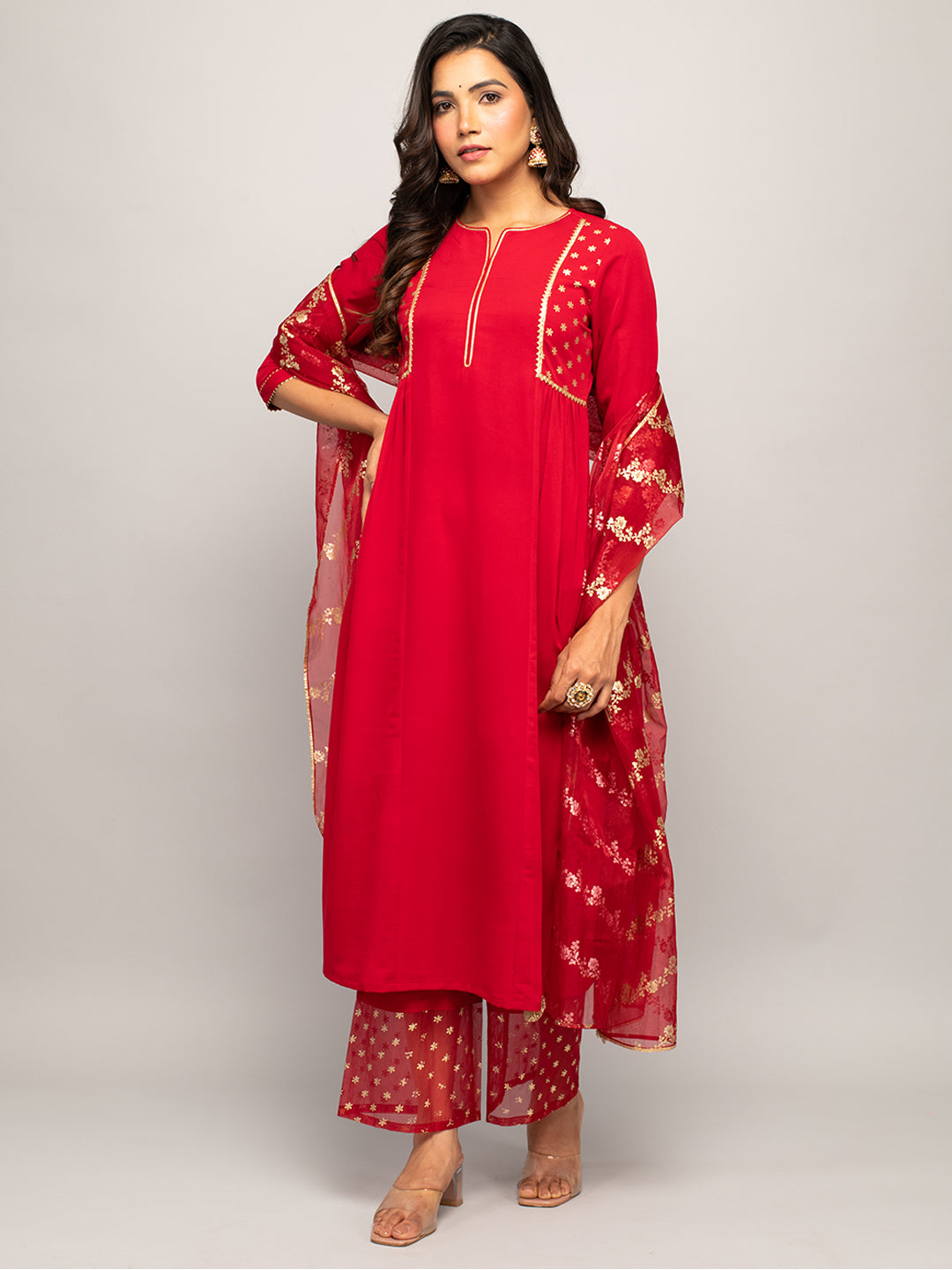 Red-Crepe-Polka-Dot-3-Piece-Kurta-Set
