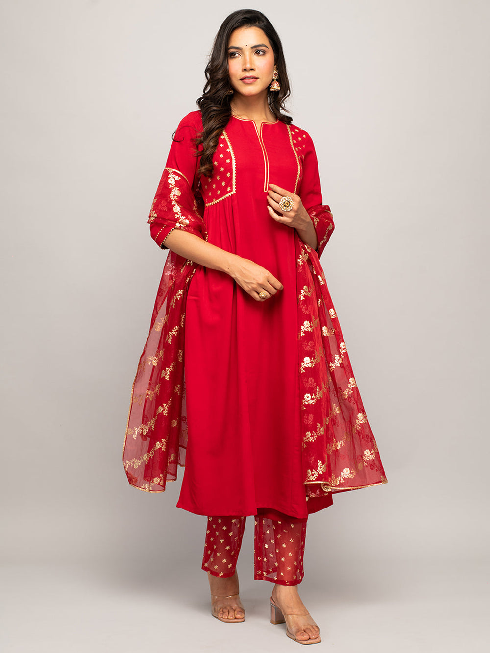 Red-Crepe-Polka-Dot-3-Piece-Kurta-Set