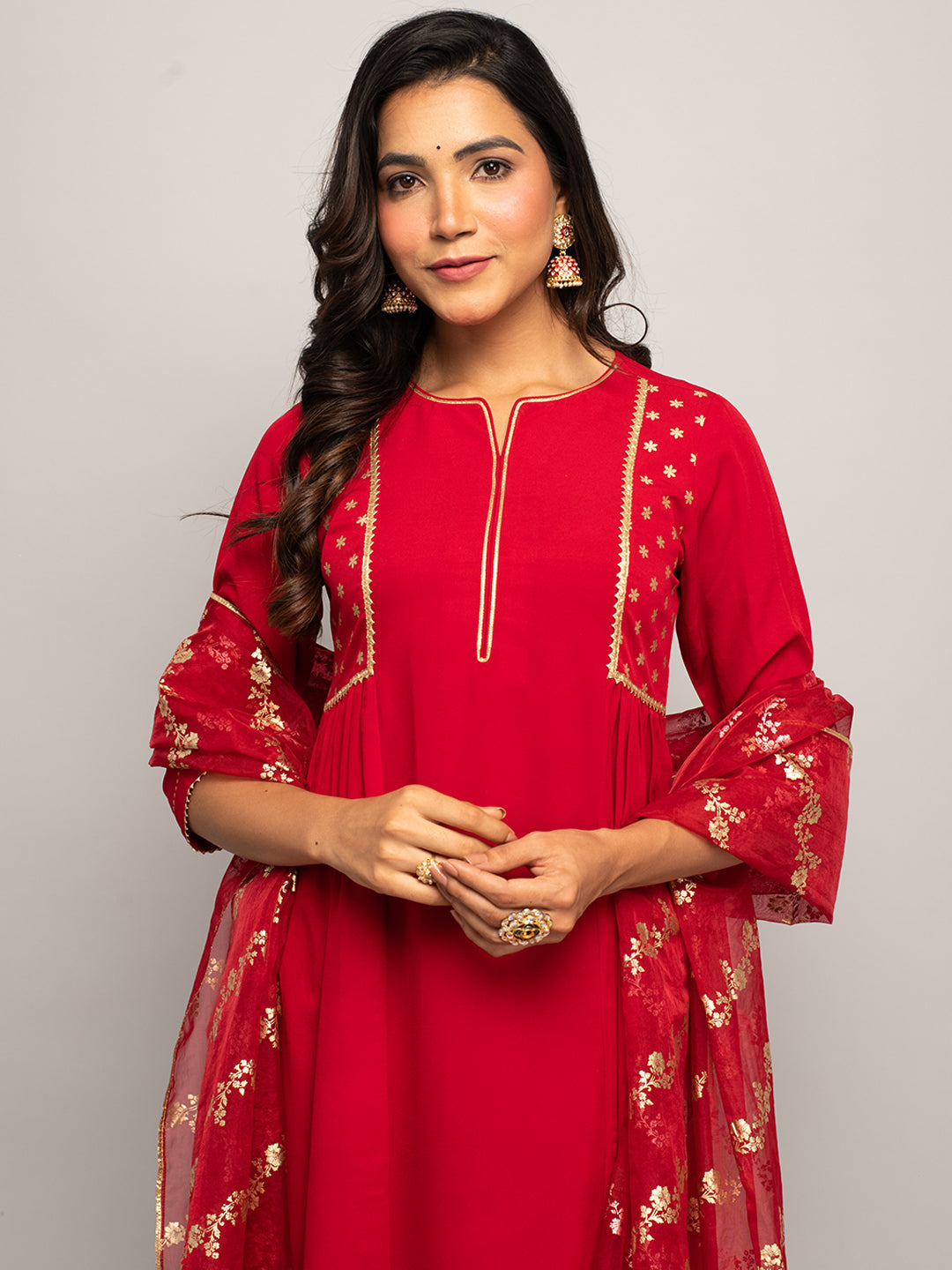 Red-Crepe-Polka-Dot-3-Piece-Kurta-Set