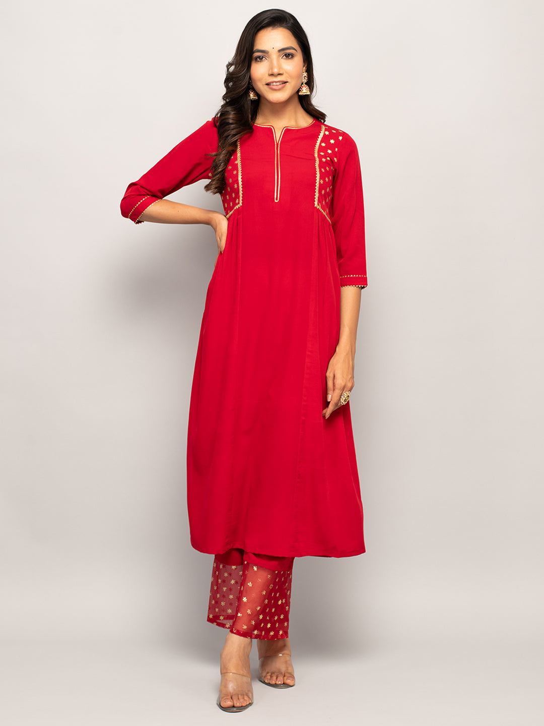 Red-Crepe-Polka-Dot-3-Piece-Kurta-Set