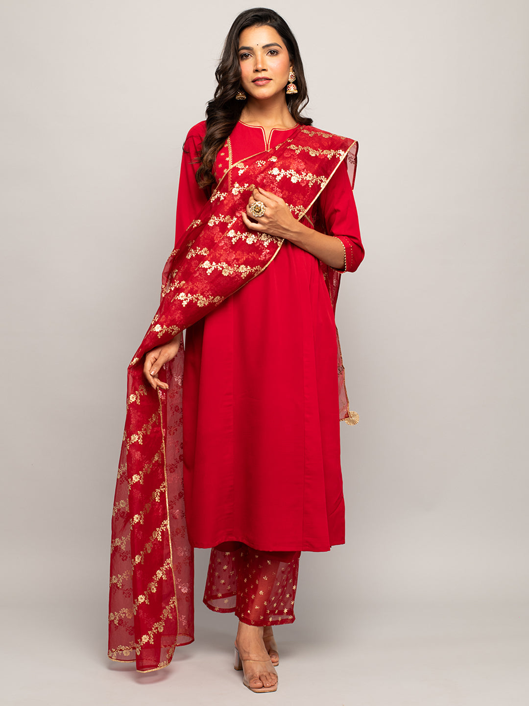Red-Crepe-Polka-Dot-3-Piece-Kurta-Set