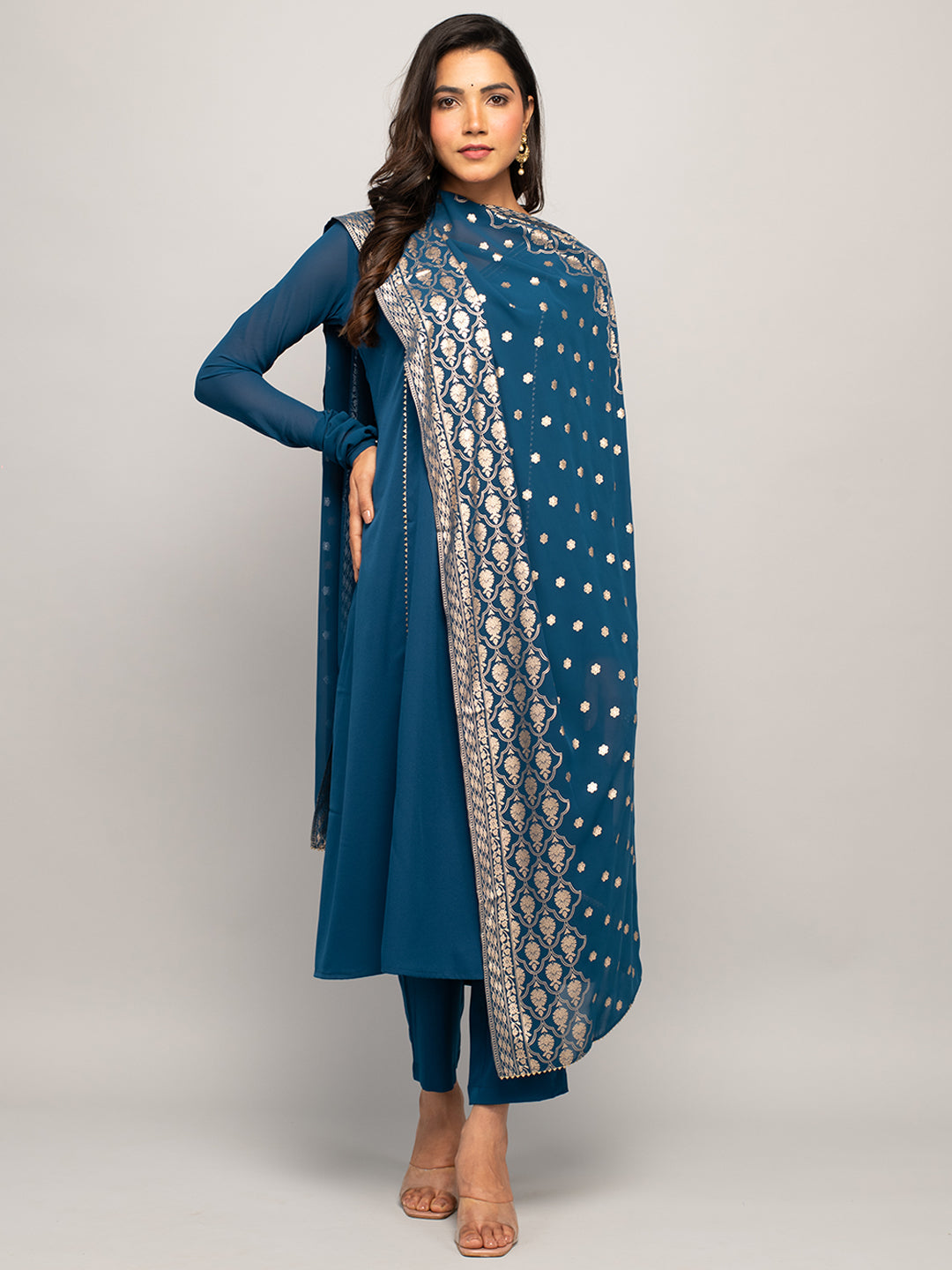 Teal-Blue-Crepe-A-line-3-Piece-Kurta-Set