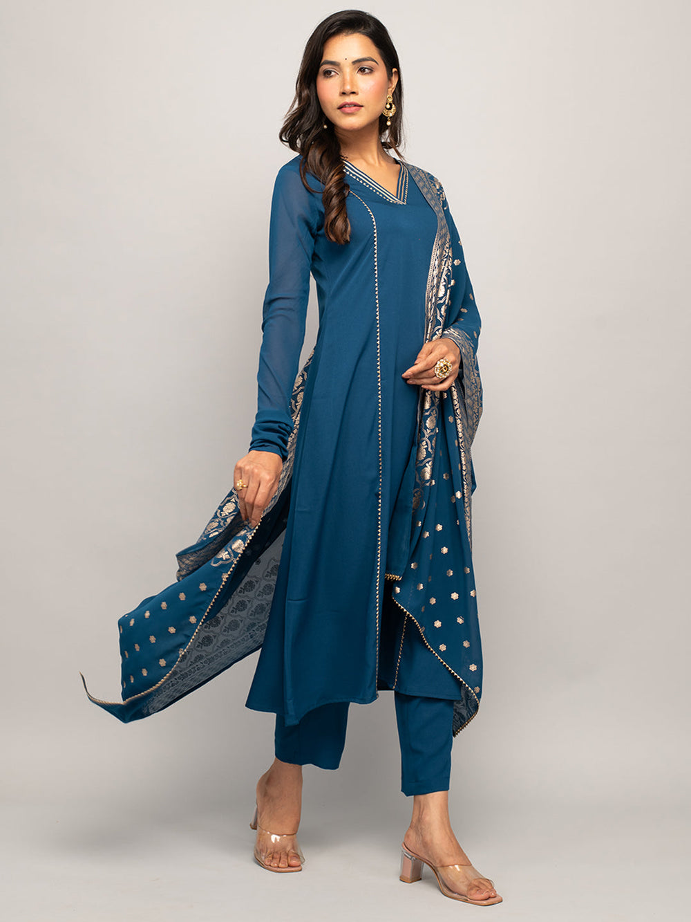 Teal-Blue-Crepe-A-line-3-Piece-Kurta-Set