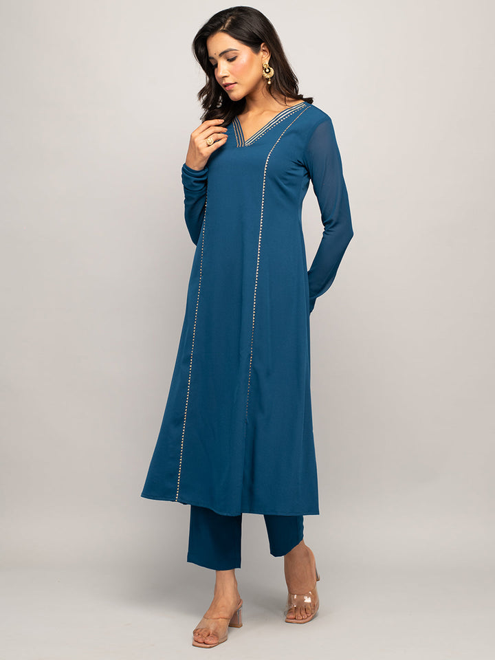 Teal-Blue-Crepe-A-line-3-Piece-Kurta-Set