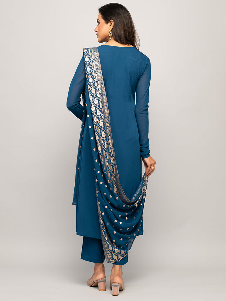 Teal-Blue-Crepe-A-line-3-Piece-Kurta-Set