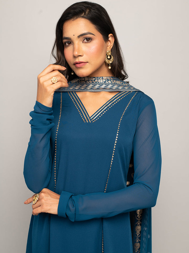Teal-Blue-Crepe-A-line-3-Piece-Kurta-Set