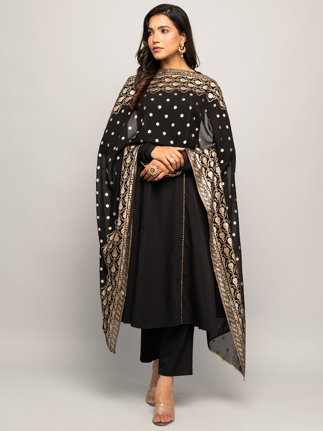 Balck-Crepe-A-line-3-Piece-Kurta-Set
