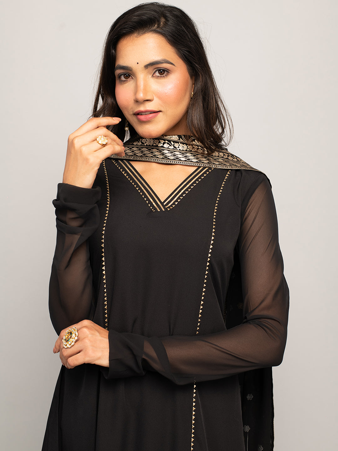 Balck-Crepe-A-line-3-Piece-Kurta-Set