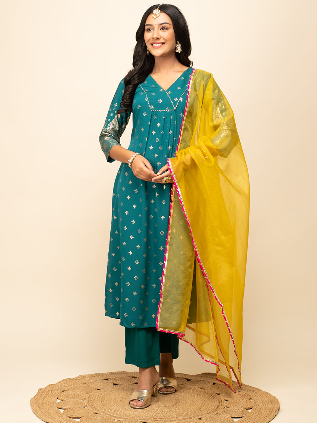Teal-Blue-Crepe-Foil-Print-Kurta-Pant-with-dupatta
