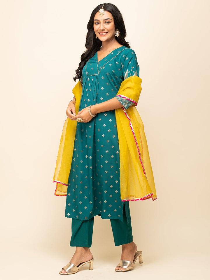 Teal-Blue-Crepe-Foil-Print-Kurta-Pant-with-dupatta