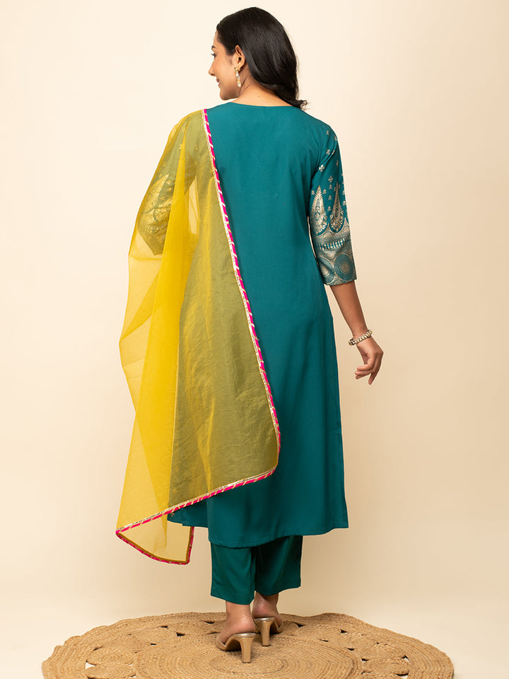 Teal-Blue-Crepe-Foil-Print-Kurta-Pant-with-dupatta