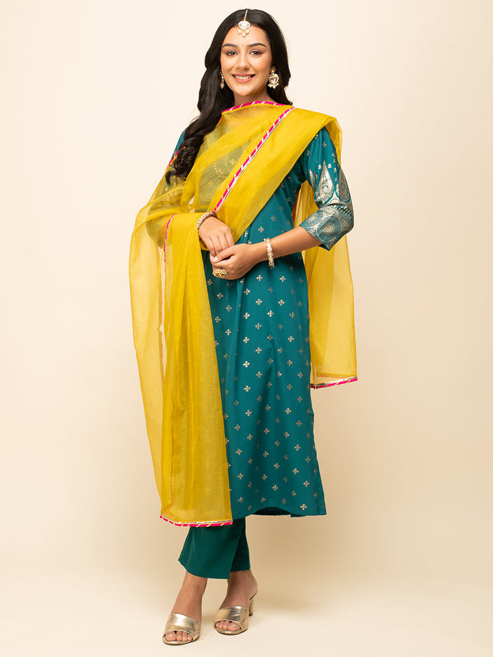 Teal-Blue-Crepe-Foil-Print-Kurta-Pant-with-dupatta