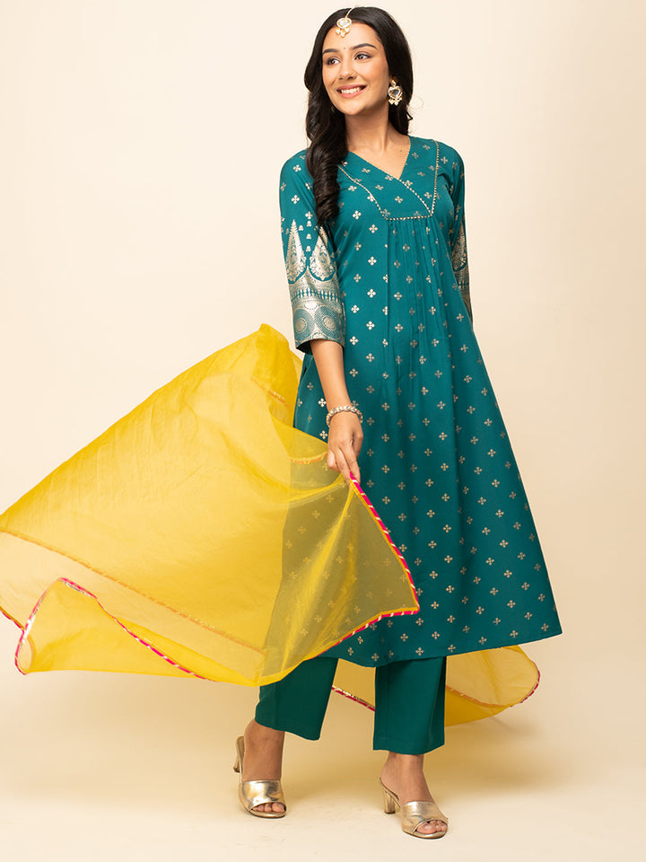 Teal-Blue-Crepe-Foil-Print-Kurta-Pant-with-dupatta