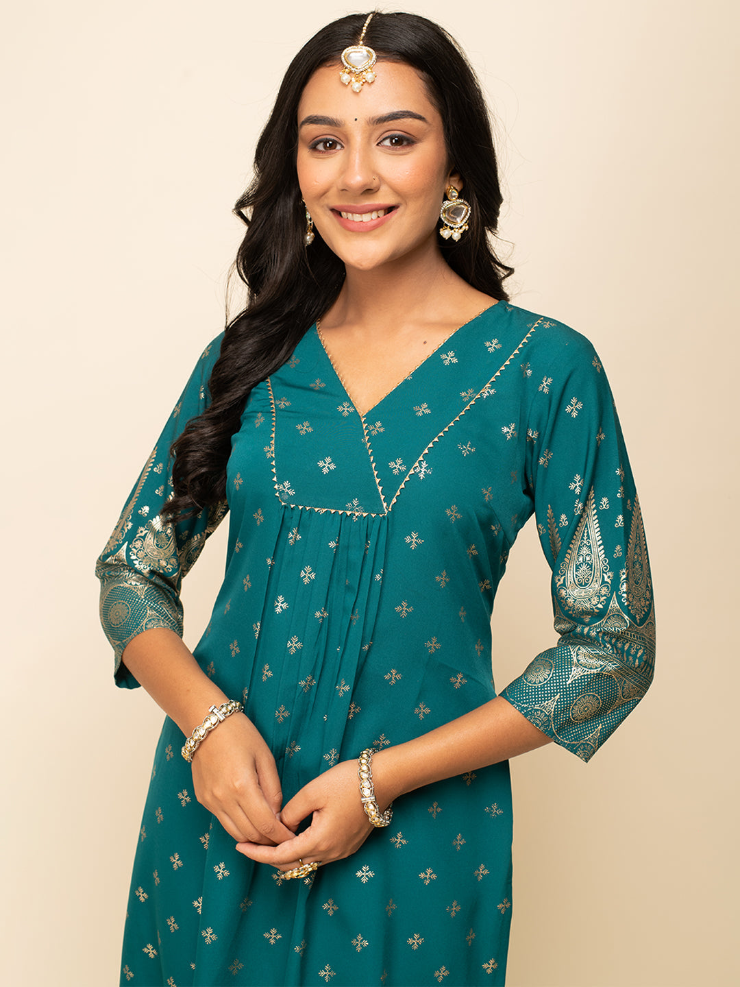 Teal-Blue-Crepe-Foil-Print-Kurta-Pant-with-dupatta