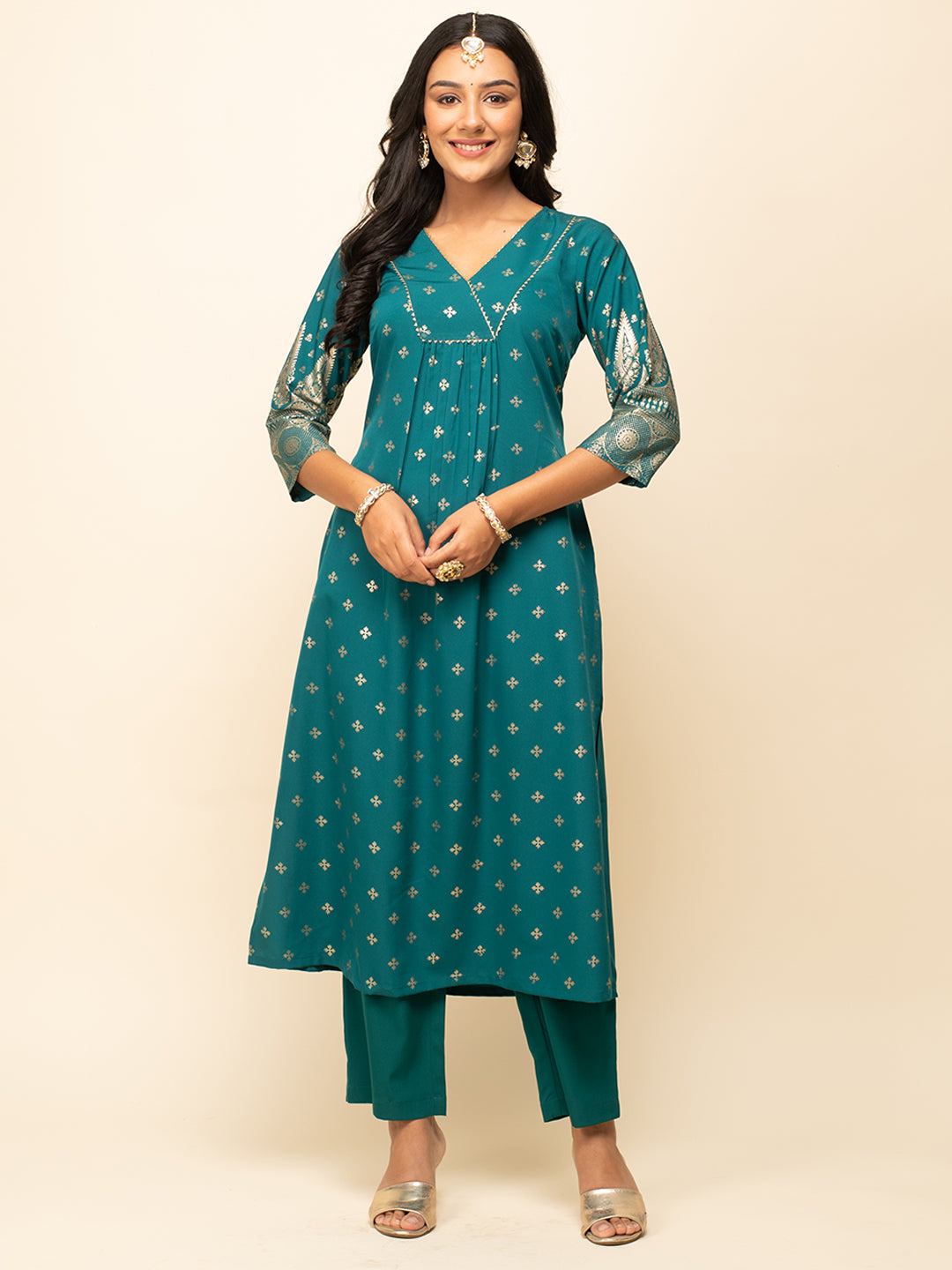 Teal-Blue-Crepe-Foil-Print-Kurta-Pant-with-dupatta