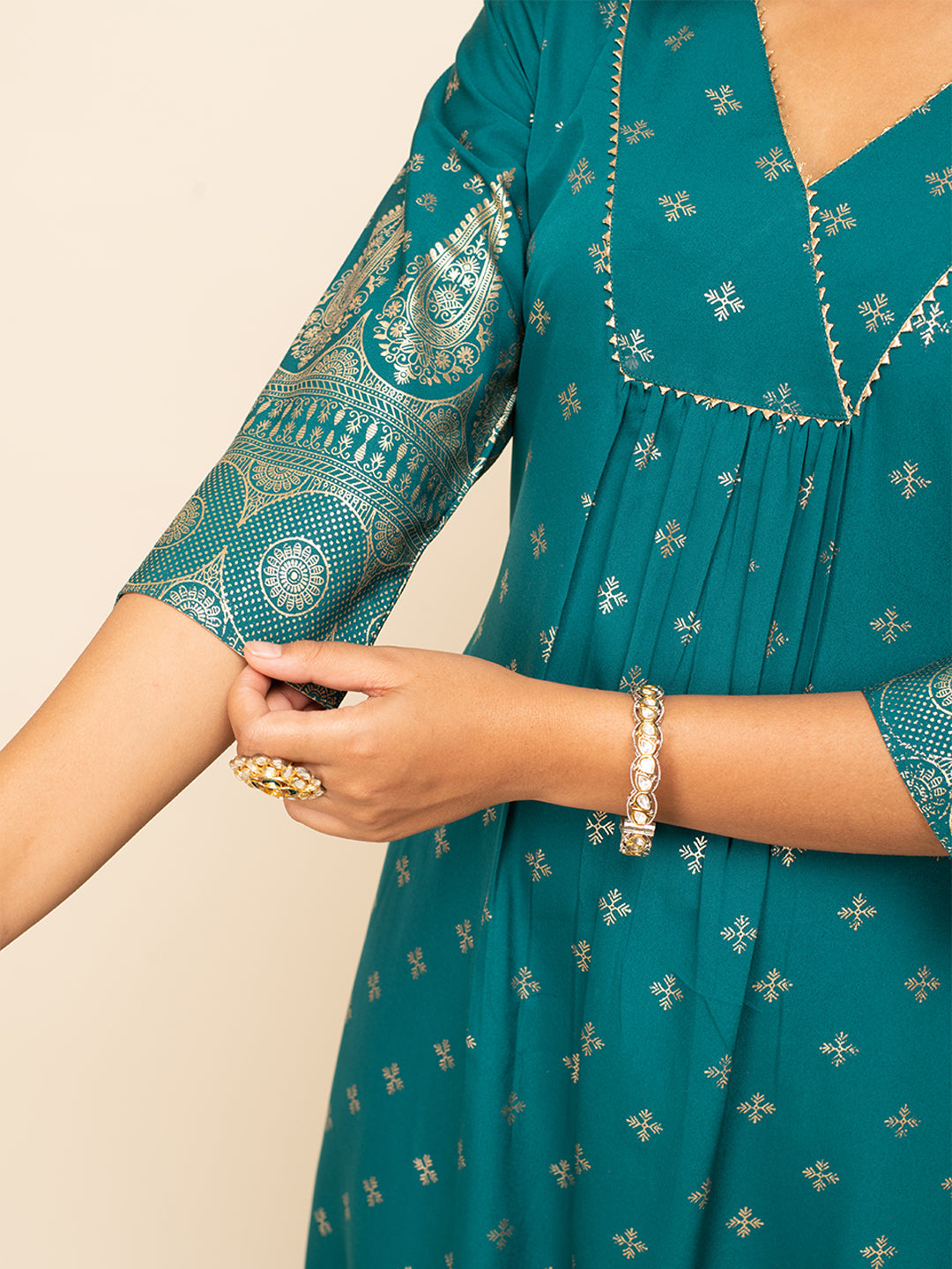 Teal-Blue-Crepe-Foil-Print-Kurta-Pant-with-dupatta