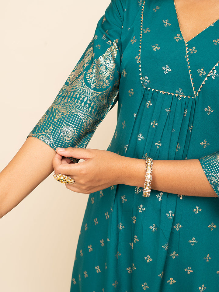 Teal-Blue-Crepe-Foil-Print-Kurta-Pant-with-dupatta