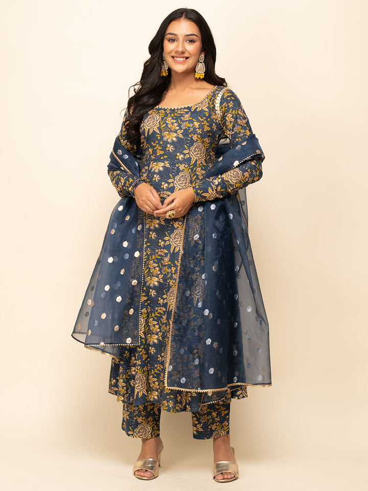 Navy-Blue-Cotton-Floral-Printed-3-Piece-Kurta-Set