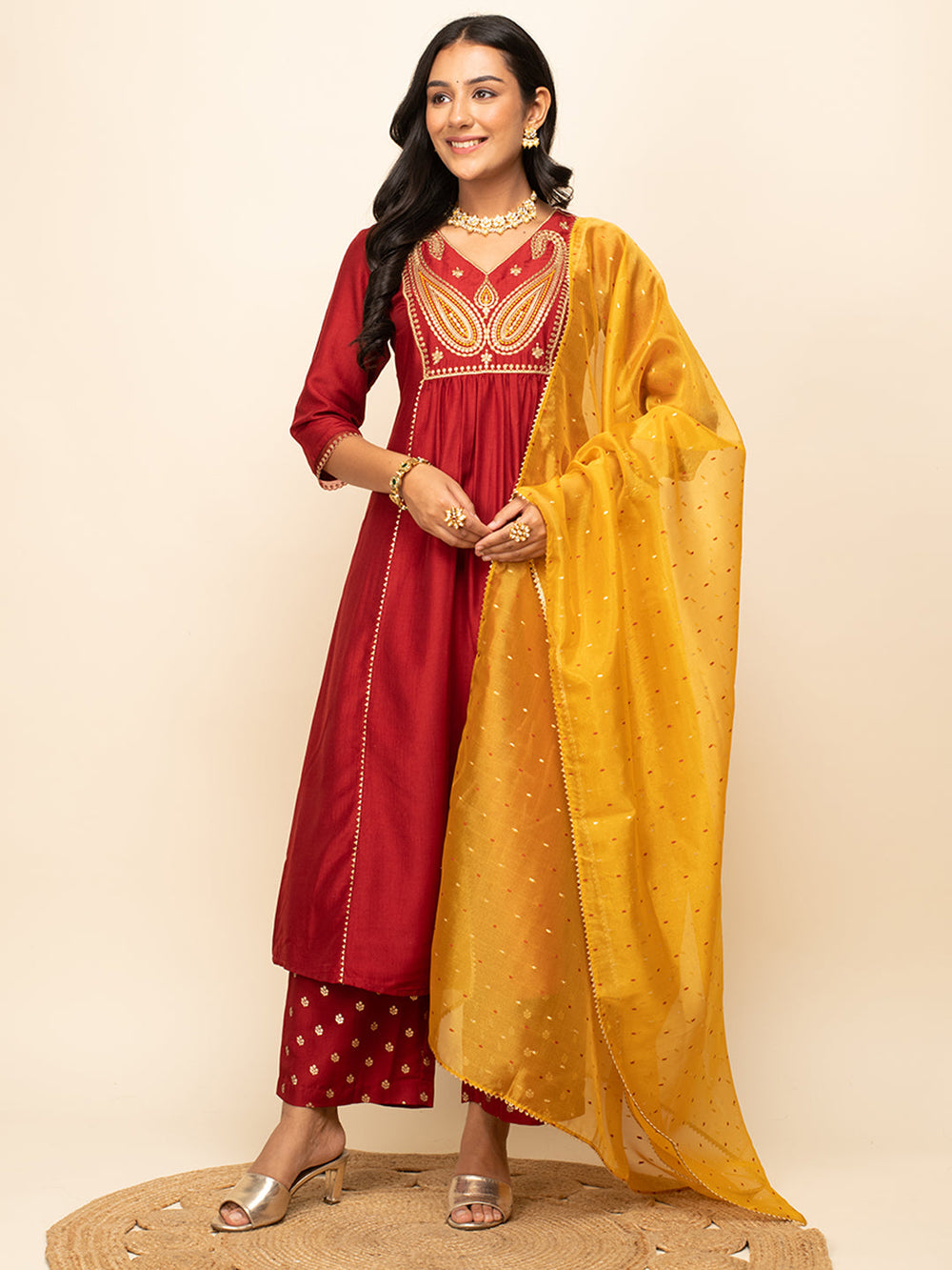 Red-Silk-Blend-A-Line-3-Piece-Kurta-Set
