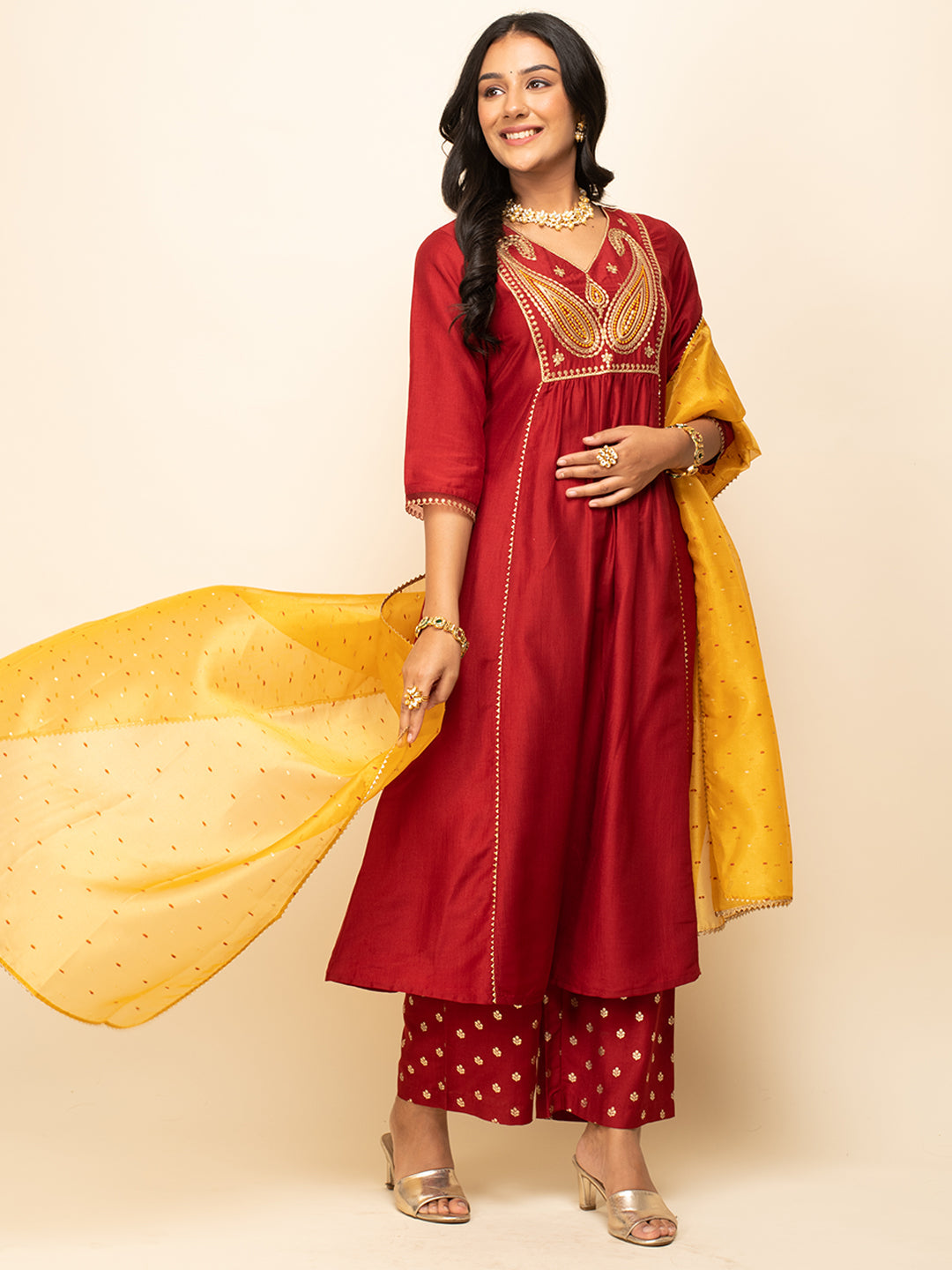 Red-Silk-Blend-A-Line-3-Piece-Kurta-Set