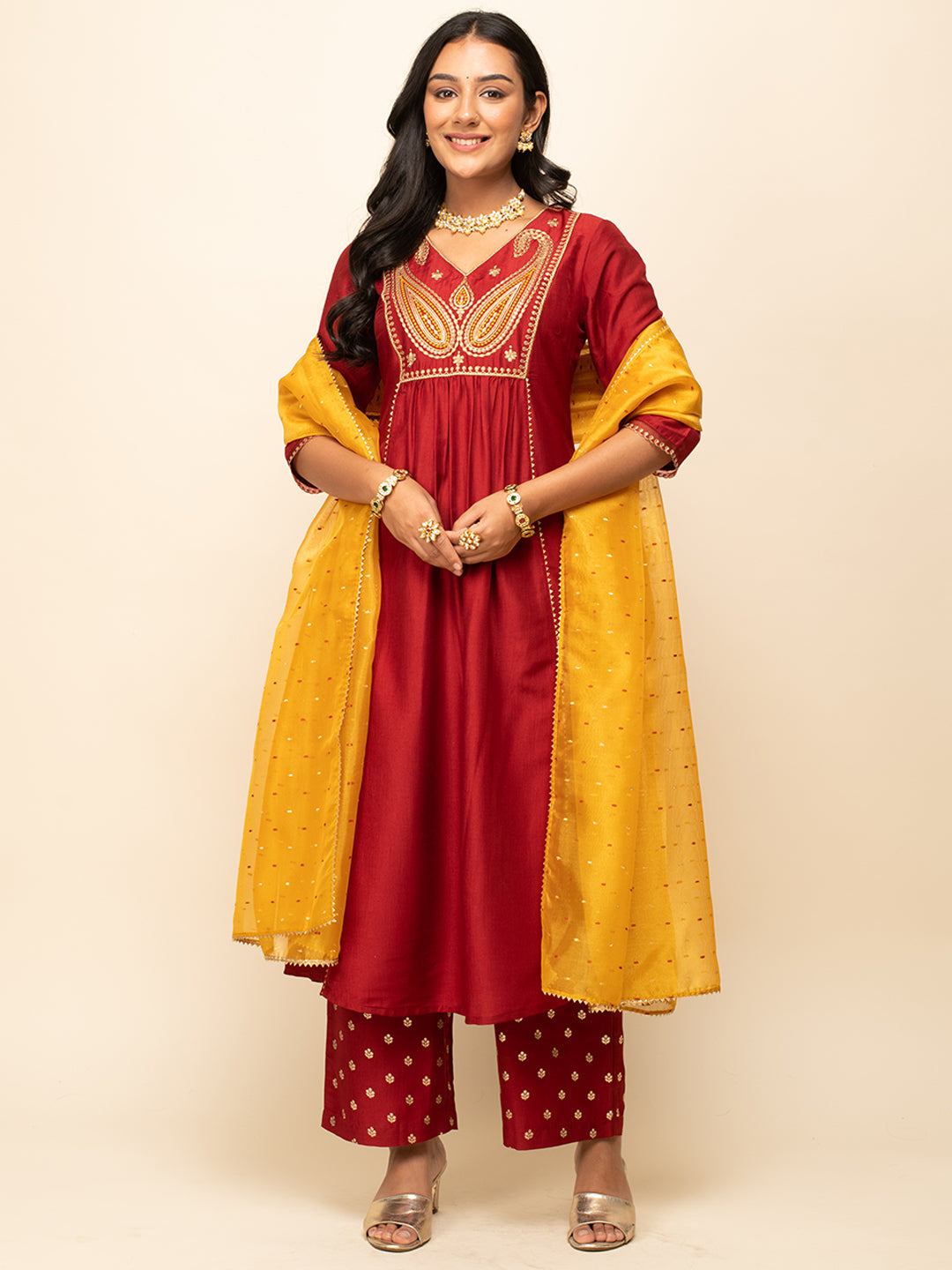 Red-Silk-Blend-A-Line-3-Piece-Kurta-Set