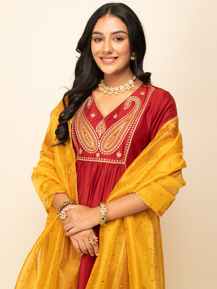 Red-Silk-Blend-A-Line-3-Piece-Kurta-Set