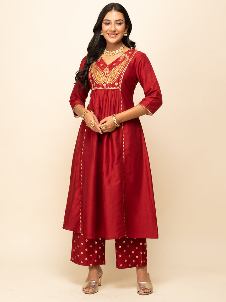Red-Silk-Blend-A-Line-3-Piece-Kurta-Set