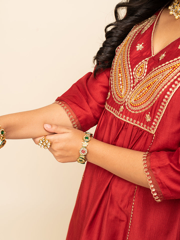 Red-Silk-Blend-A-Line-3-Piece-Kurta-Set