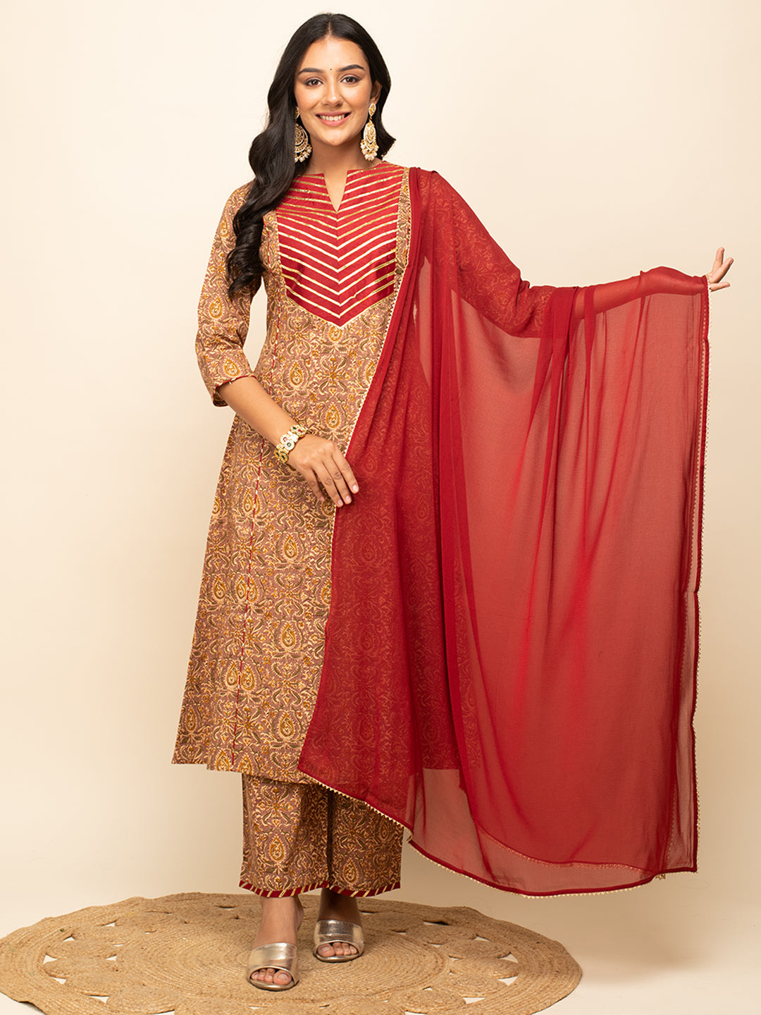 Brown-Cotton-A-line-3-Piece-Kurta-Set